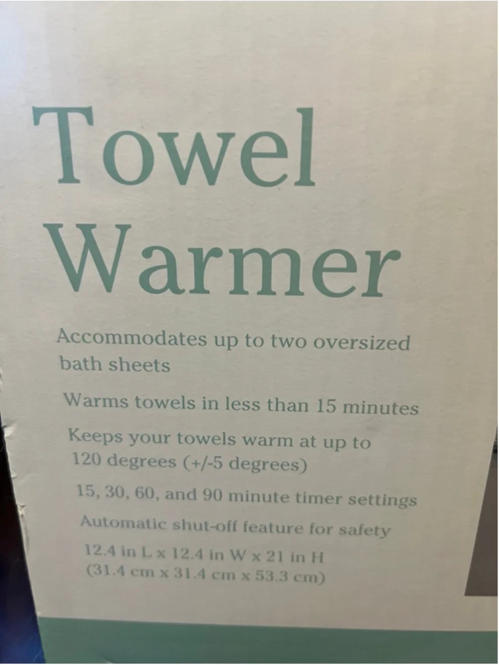 New Haven Towel Warmer in White/Wood Accents, On/Off Switch, Automatic Shut Off